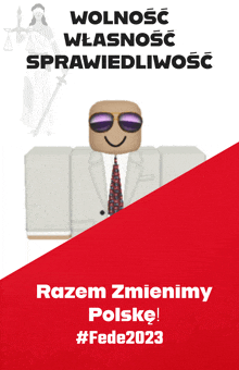 a poster with a robot wearing sunglasses and a white suit