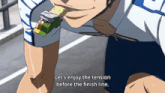 a cartoon of a man eating a snack with the words let 's enjoy the tension before the finish line below him
