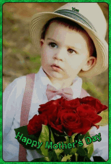 a little boy is holding a bouquet of red roses and the words happy mother 's day are on the bottom