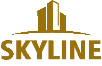 a gold skyline logo with a building on top