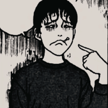 a black and white drawing of a young boy with a sad face and a hand pointing at him .