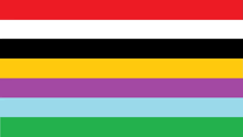 a flag with a red , white , black , yellow , purple , and blue stripes .