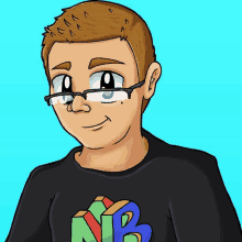 a cartoon drawing of a man wearing glasses and a shirt with the letter nb on it