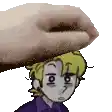a hand is putting a cartoon character 's head on a white background .