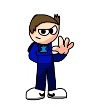 a cartoon boy in a blue jacket and blue pants is waving .