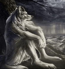 a painting of a werewolf sitting on a rock near the water