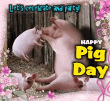 a couple of pigs kissing each other on a pink background .