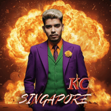 a man in a purple suit is standing in front of an explosion and the word singapore
