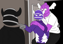 a cartoon drawing of a man holding a purple character with horns