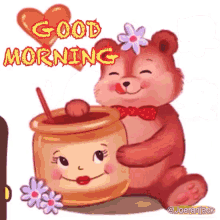 a teddy bear is holding a jar of honey with a face on it and says good morning