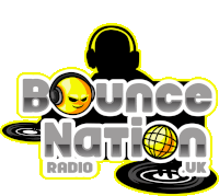 a logo for bounce nation radio uk with a dj wearing headphones and a smiley face