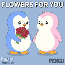 a couple of penguins standing next to each other with flowers for you written on the bottom