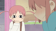 a cartoon girl with pink hair is looking at another girl with pink hair