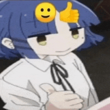 a cartoon girl with blue hair is giving a thumbs up with a smiley face on her forehead .