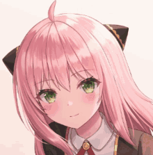 a pink haired anime girl with green eyes