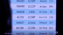 a screen displays a list of flights including ma283 swa90 ma828 al710 jaa837 ml789 and jaa732