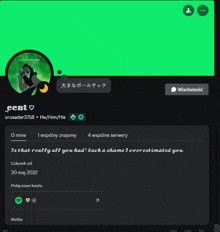 a screenshot of a person 's profile with a green background and black text