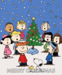 a group of peanuts characters are singing merry christmas in front of a christmas tree