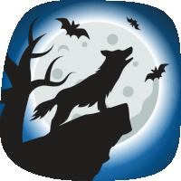 a wolf howling at the moon with bats flying around it