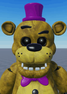 a yellow teddy bear with a purple top hat on