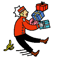 a cartoon of a man carrying a pile of gifts .