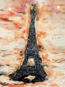 a painting of the eiffel tower with the words " light love and peace "