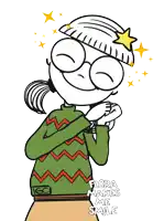 a cartoon of a girl wearing a green sweater with the words flora makes me smile on the bottom