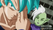 a cartoon character with blue hair is standing next to a green elf .