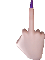 a woman 's hand with a purple nail pointing upwards