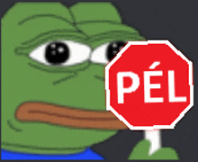 a green frog is holding a stop sign with pel written on it