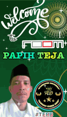 a man in a white shirt stands in front of a green background that says welcome to papih teja