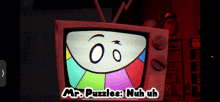 a cartoon drawing of a tv with the words mr. puzzles nuh uh