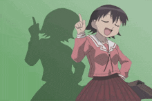 a girl with her eyes closed is pointing up with her shadow behind her