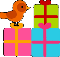 a bird sits on top of a stack of colorful gift boxes