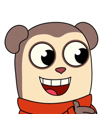 a cartoon character with big eyes and a red scarf around his neck