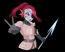 a drawing of a girl with red hair holding a spear