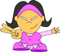 a cartoon girl in a pink dress is making a peace sign with her fingers