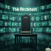 a chair in front of a wall with the words the architect written on it