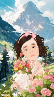 a girl in a white dress is holding a bouquet of flowers in front of a mountain and the words mojipop on the bottom