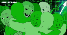 a group of green faces are hugging each other with the hashtag helixfam