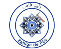 a blue and white circle with the words zellige de fes on the bottom