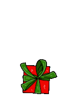 a cartoon drawing of a red gift box with a green ribbon