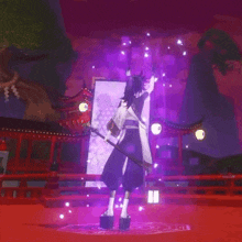 a person in a video game is standing in front of a purple light .