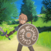 a cartoon character holding a sword and shield