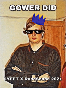 a man wearing sunglasses and a crown is standing with his arms crossed in a room .