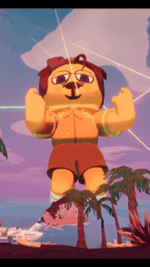 a cartoon character with sunglasses and shorts is standing on a beach