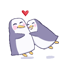 a couple of penguins hugging each other with a heart above them