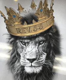 a drawing of a lion wearing a crown that says rev. 5 5