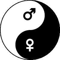 a black and white yin yang symbol with male and female symbols on it