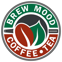 a logo for brew mood coffee and tea with a coffee bean and a leaf